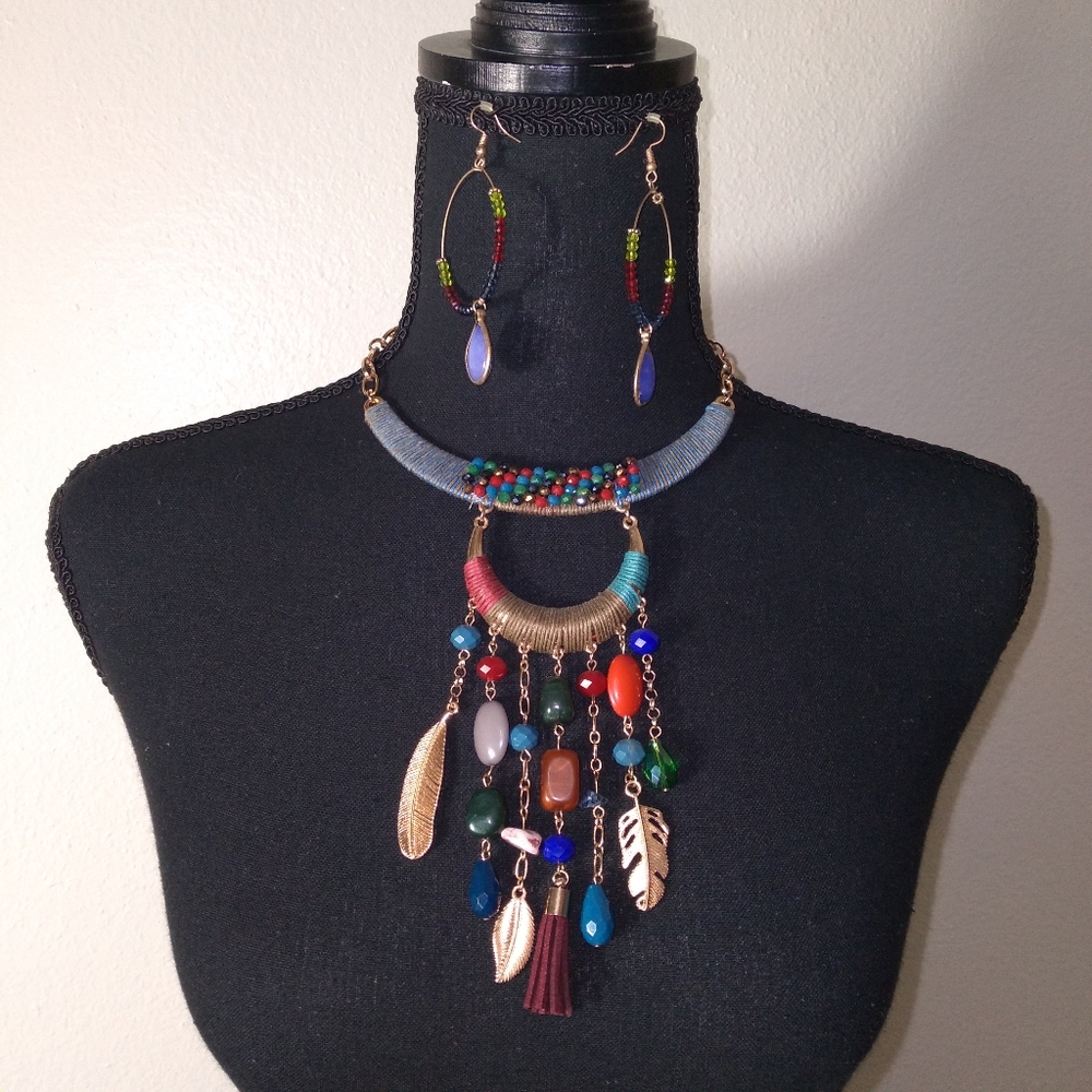 Blue Bohemian Multicolor Necklace and Earring Set